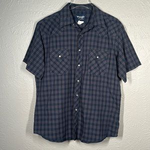 Wrangler Western Shirts Navy Blue Brown Plaid Short Sleeve Button Up Shi…